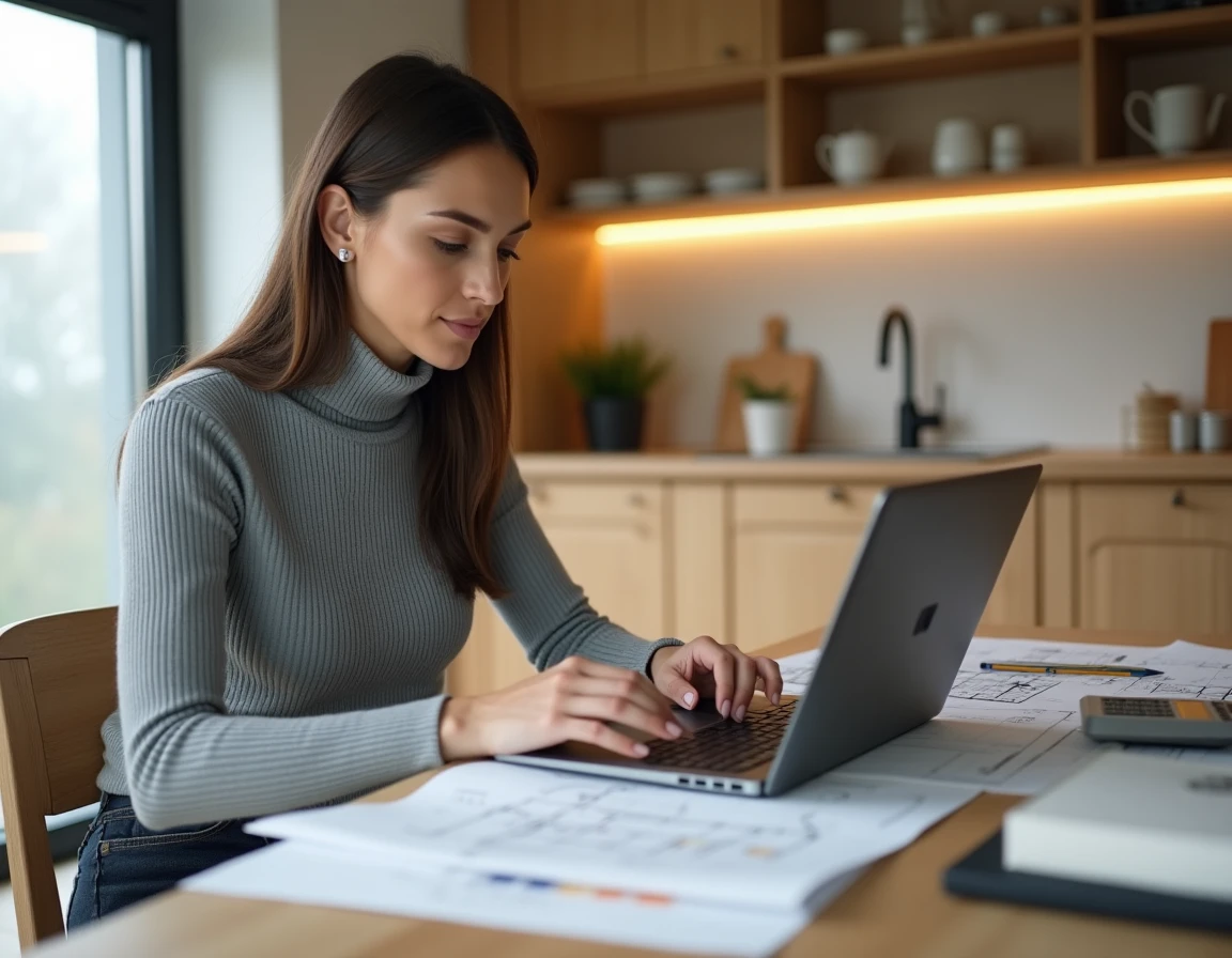 Femme calculant le budget matériaux pour une toiture et une isolation thermique à partir de plans de maison et d'une calculatrice