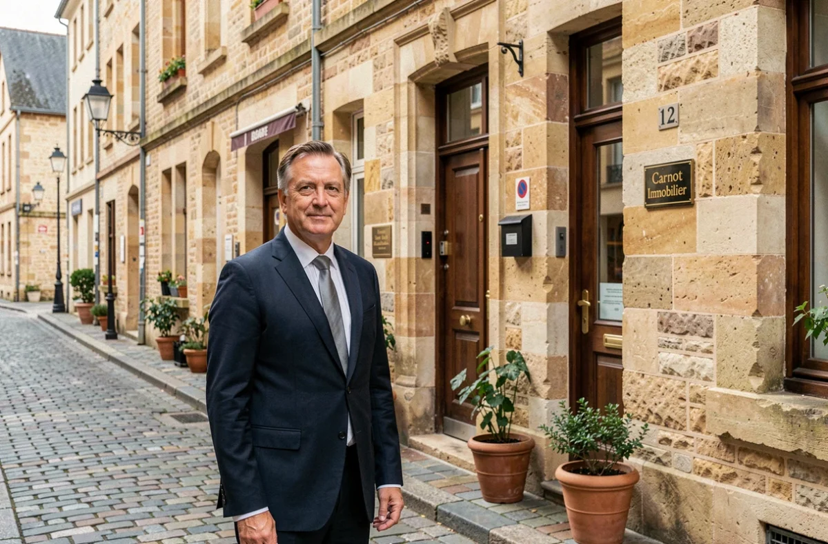 Agent de Carnot Immobilier devant une agence en pierre de tuffeau à Angers