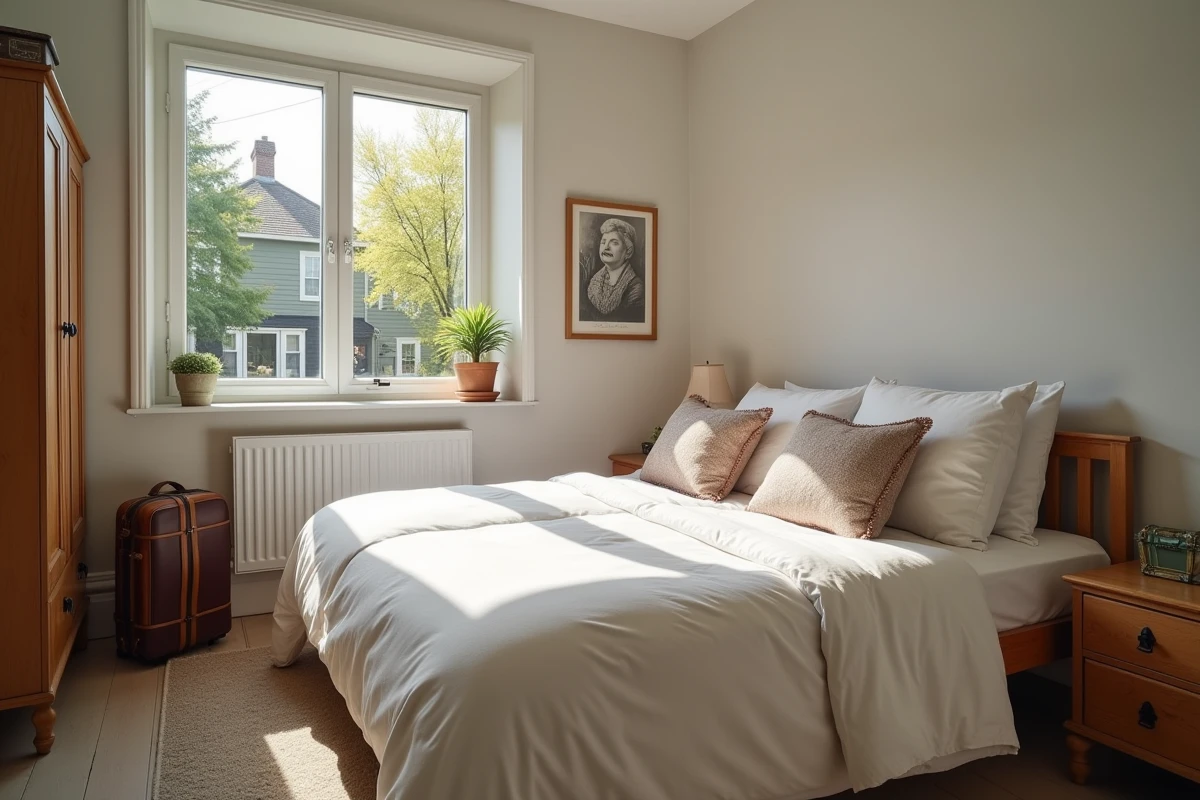 Chambre d'hôte aménagée dans une maison particulière avec valise de touriste