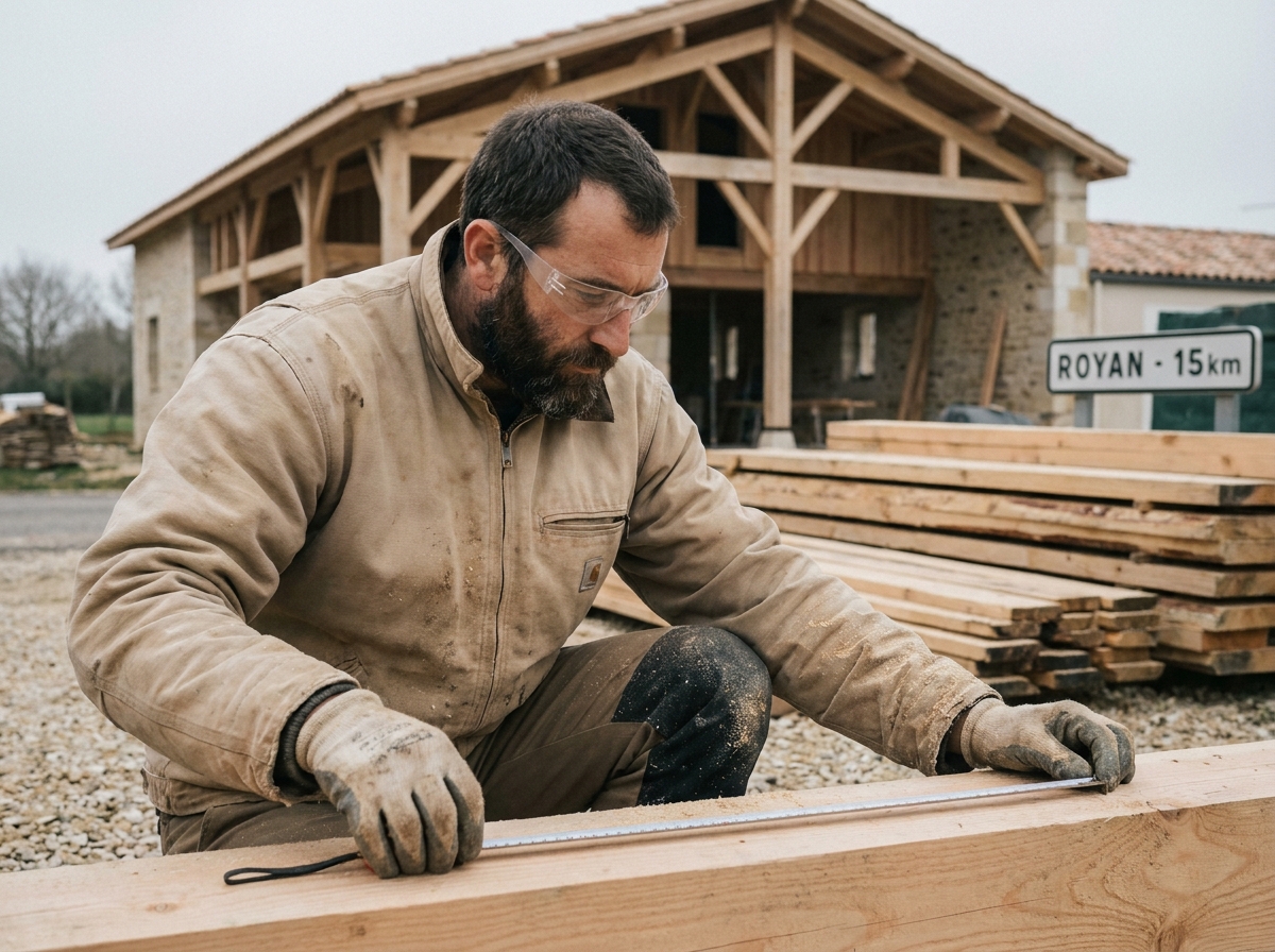 Charpentier assemblant une ossature bois sur un chantier de construction de maison en bois près de Royan en Charente-Maritime