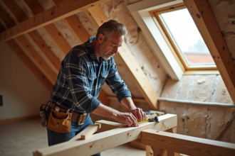 Charpentier middleaged mesurant une poutre dans un grenier rénové