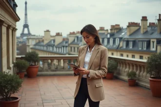 Chasseuse d'appartement sur une terrasse haussmannienne à Paris avec vue sur les toits
