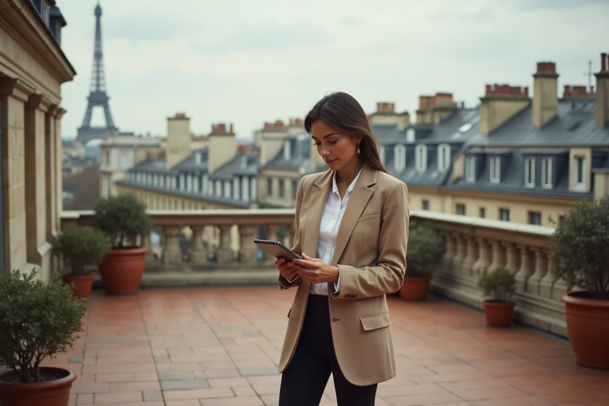Chasseuse d'appartement sur une terrasse haussmannienne à Paris avec vue sur les toits