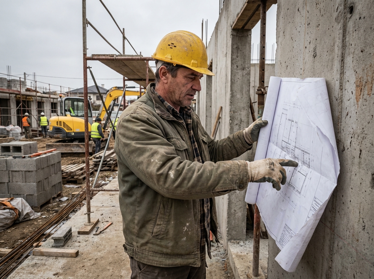 Chef de chantier consultant un plan de construction sur un site de maison individuelle en cours de construction