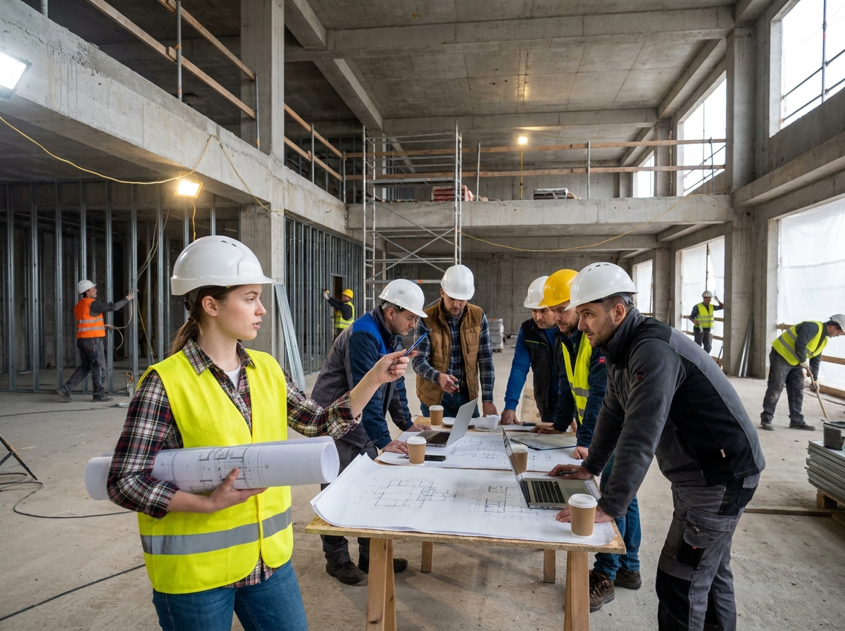 Jeune femme gestionnaire de chantier avec plans