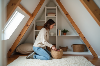 Coin lecture cosy dans un grenier aménagé avec étagères et paniers