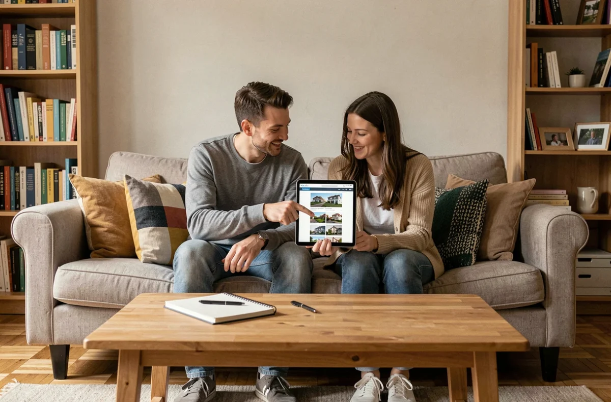 Deux colocataires comparant des annonces d'habitat partagé sur une tablette dans le salon de leur appartement