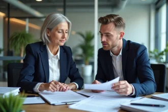 Responsable RH et collaborateur d'entreprise examinant des documents sur le logement salarié dans un bureau professionnel moderne
