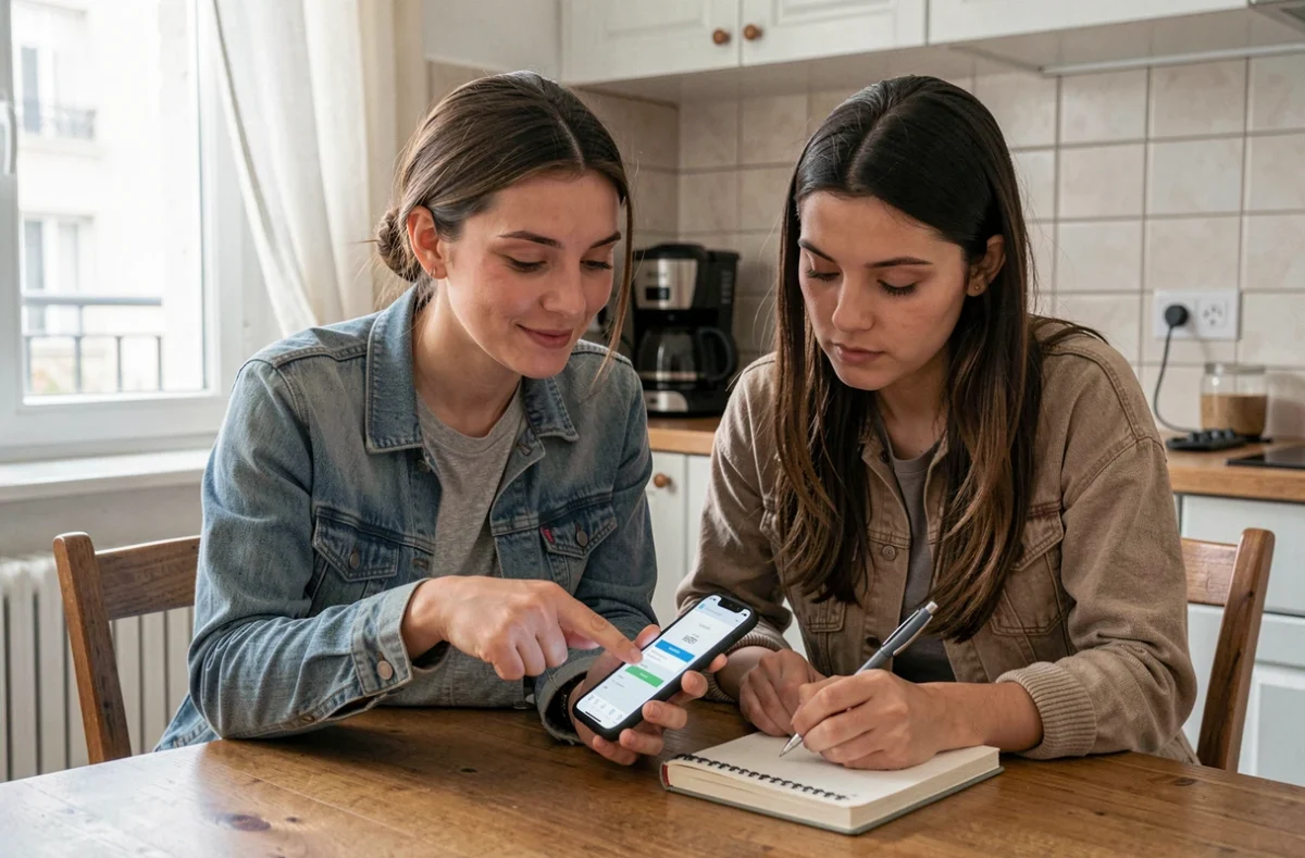 Deux jeunes femmes comparant une demande d'aide au logement en ligne et une démarche classique sur papier dans une cuisine d'appartement