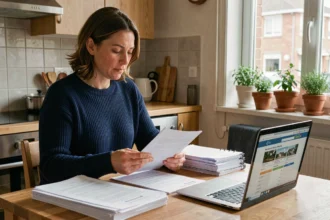 Femme consultant des documents d'assurance habitation à domicile à Creil