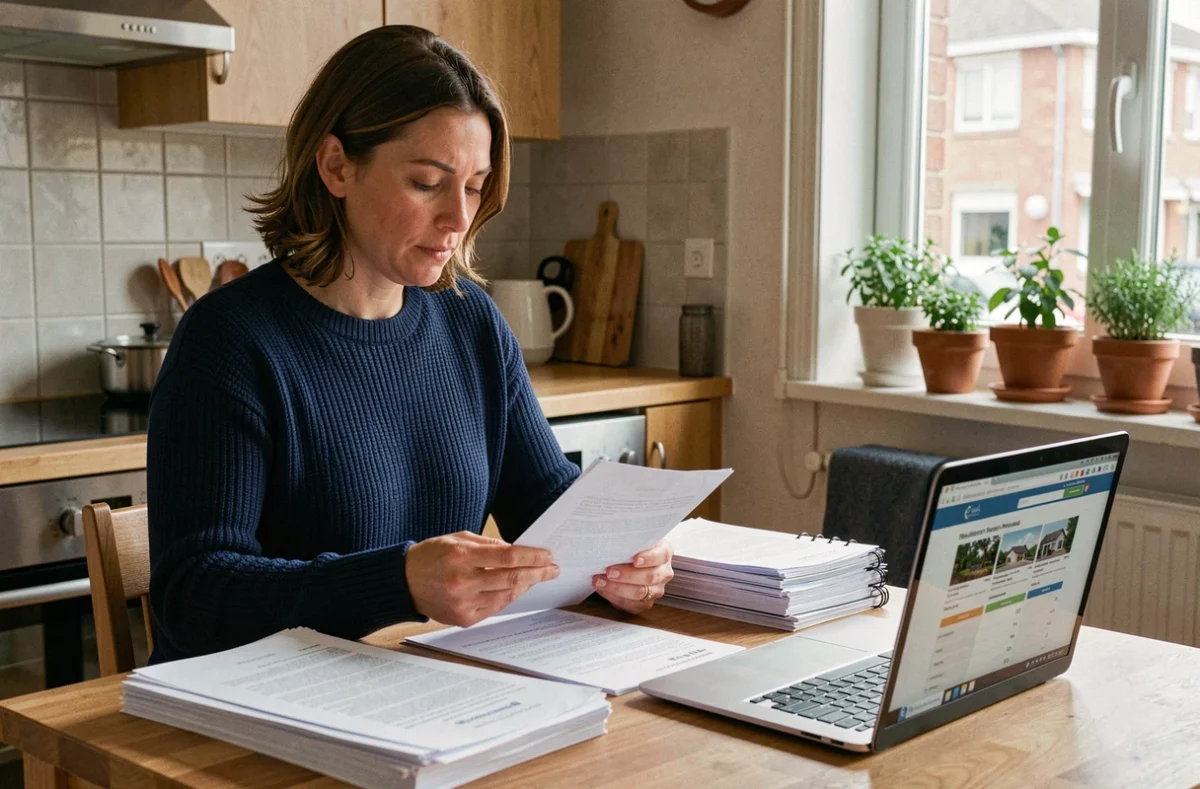 Femme consultant des documents d'assurance habitation à domicile à Creil