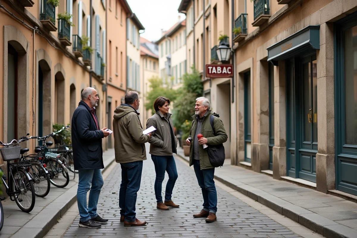 Groupe de résidents et architectes discutant de la revitalisation d'une rue commerçante dans un centre-bourg français