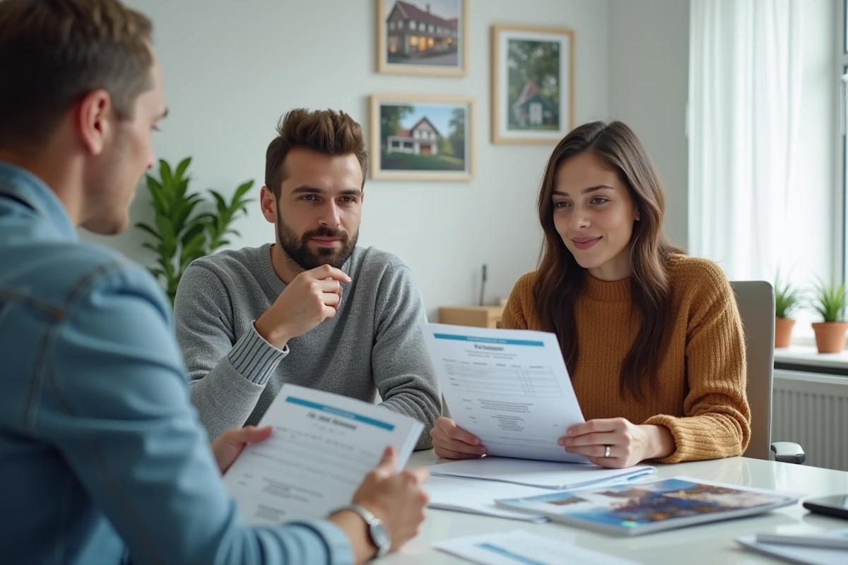 Couple de primo-accédants en rendez-vous avec un conseiller immobilier pour optimiser un investissement locatif avec locataire handicapé