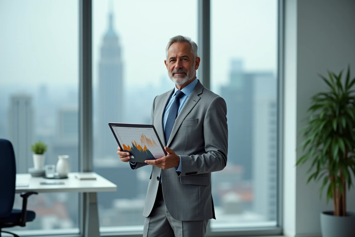 Conseiller financier présentant une simulation viager sur tablette dans un bureau moderne