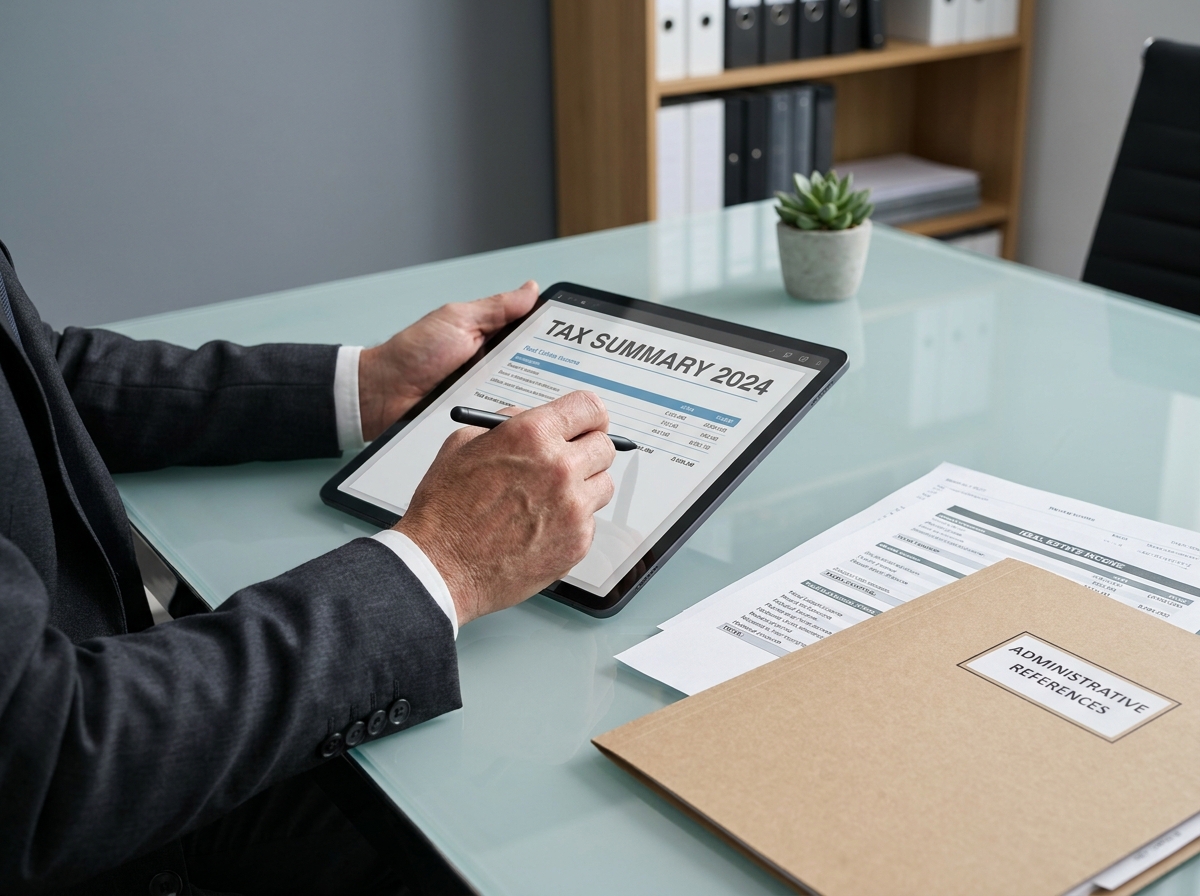 Mains d'un conseiller fiscal annotant une liasse 2031 sur tablette avec des documents de revenus locatifs LMNP