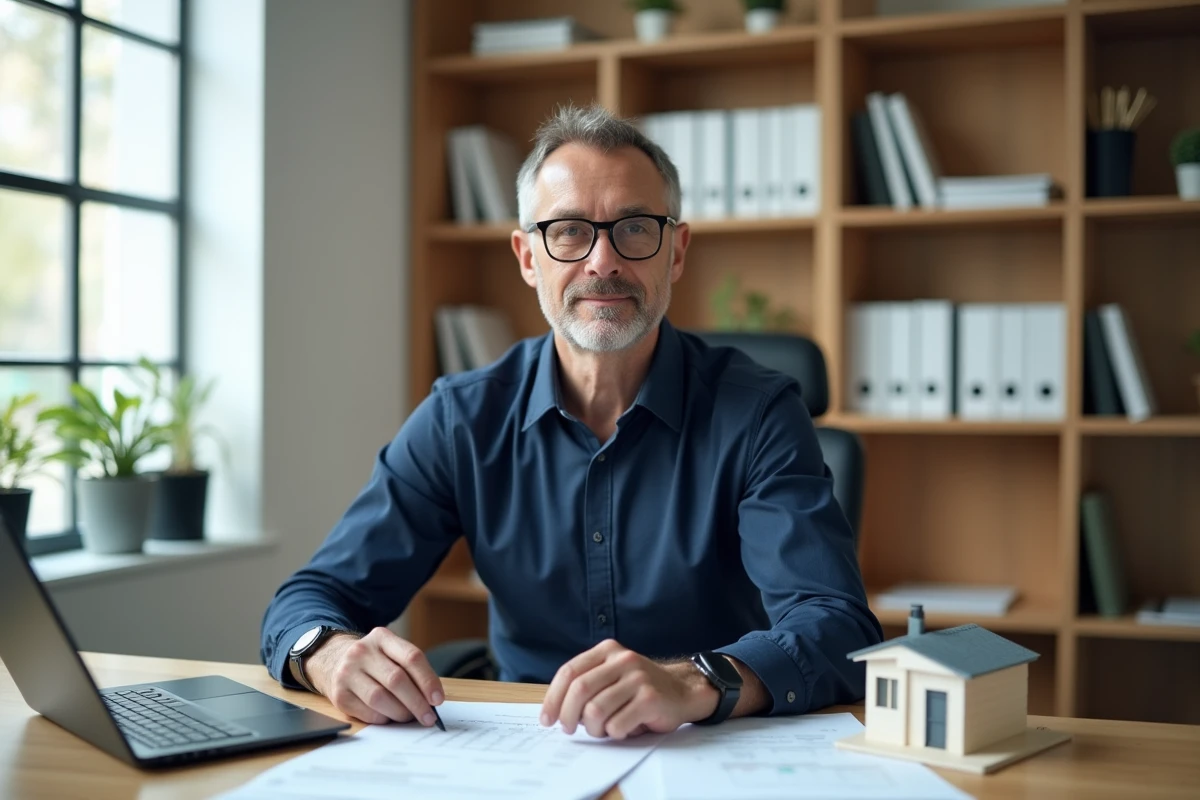 Conseiller fiscal analysant des documents de taxe foncière et taxe d'habitation liés à un mobil-home, avec formulaires administratifs français sur le bureau