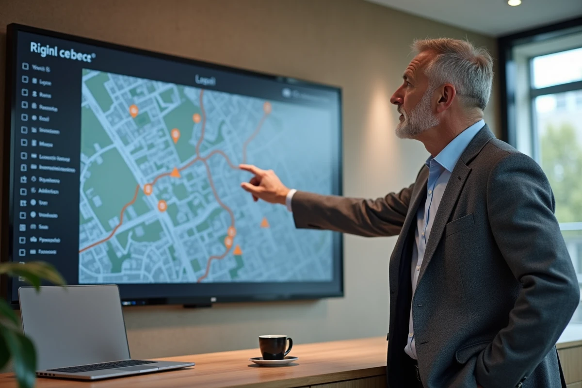 Conseiller immobilier masculin analysant une carte des arrondissements de Lyon sur écran tactile en agence