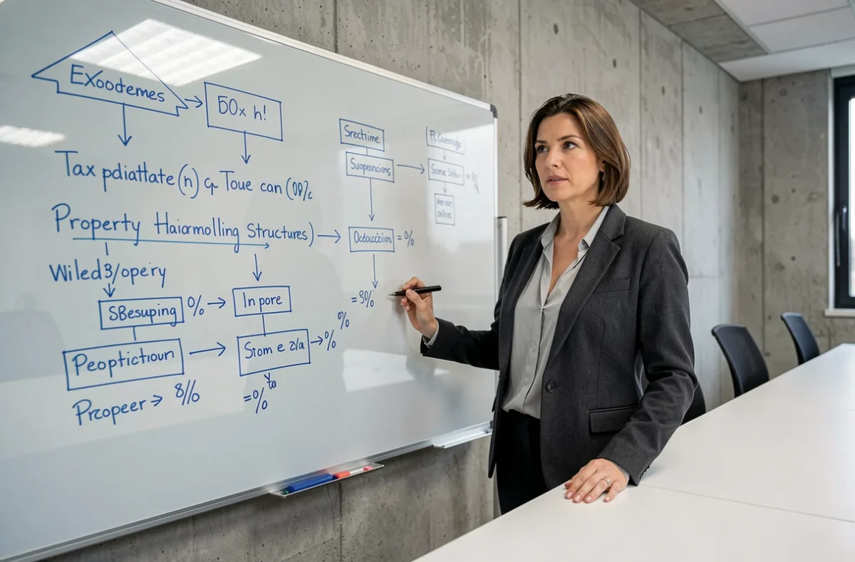 Conseillère en gestion de patrimoine présentant des stratégies d'optimisation fiscale immobilière sur un tableau blanc