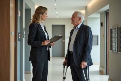 Femme en costume parlant à un homme âgé dans un hall d'immeuble