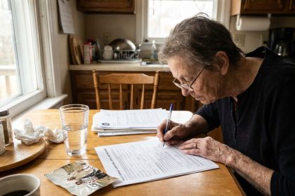 Personne remplissant un constat amiable dégât des eaux à la main sur une table