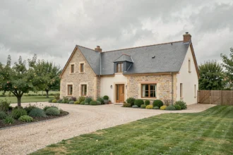 Maison individuelle normande en Calvados avec façade en pierre et toit en ardoise entourée d'un jardin verdoyant