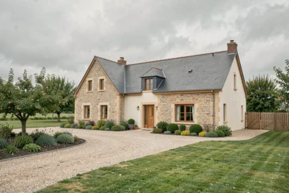 Maison individuelle normande en Calvados avec façade en pierre et toit en ardoise entourée d'un jardin verdoyant