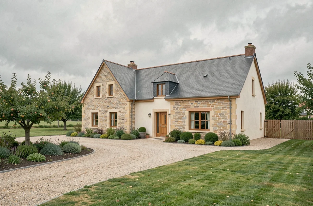 Maison individuelle normande en Calvados avec façade en pierre et toit en ardoise entourée d'un jardin verdoyant