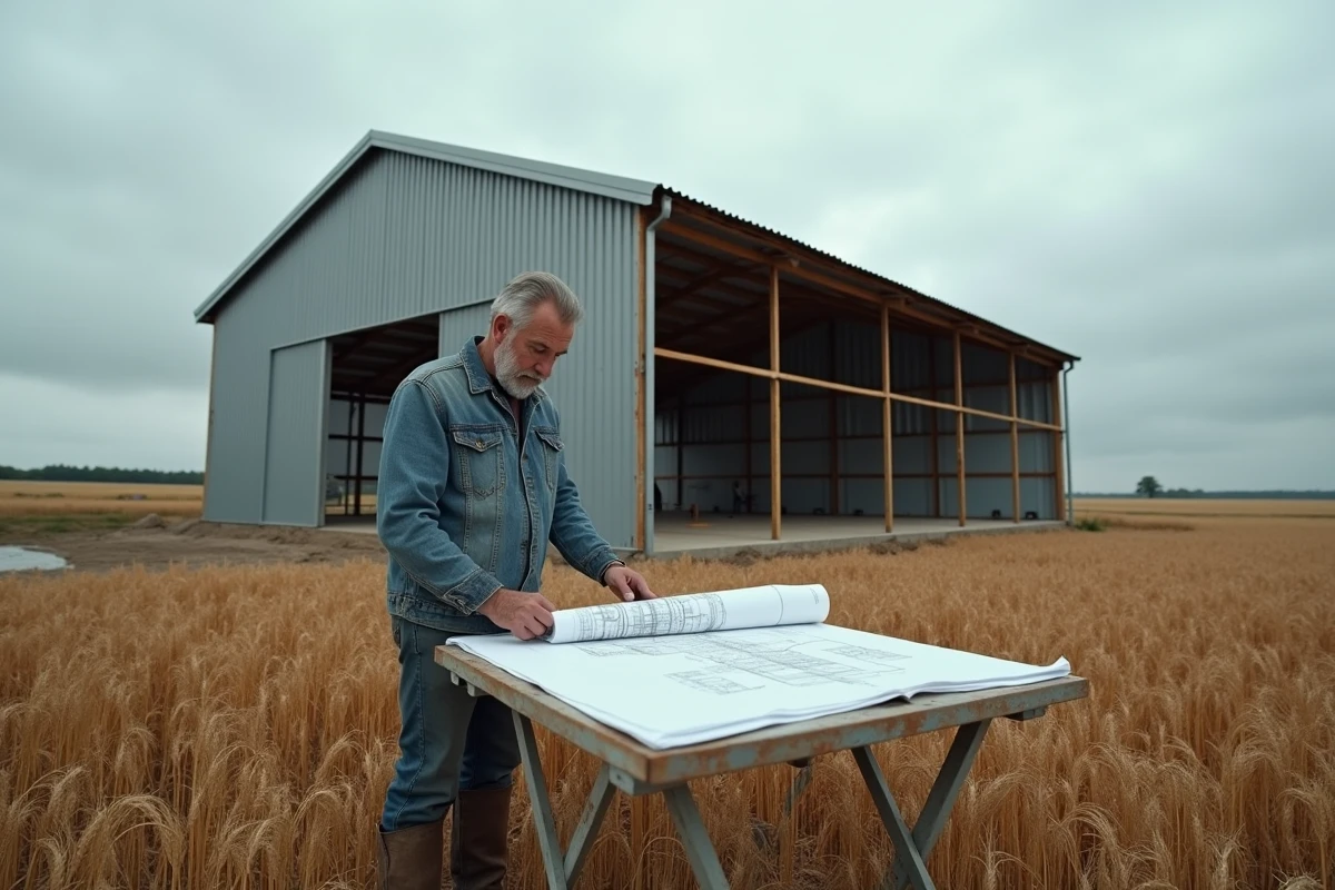 Agriculteur examinant les plans de construction d'un hangar agricole en acier en milieu rural