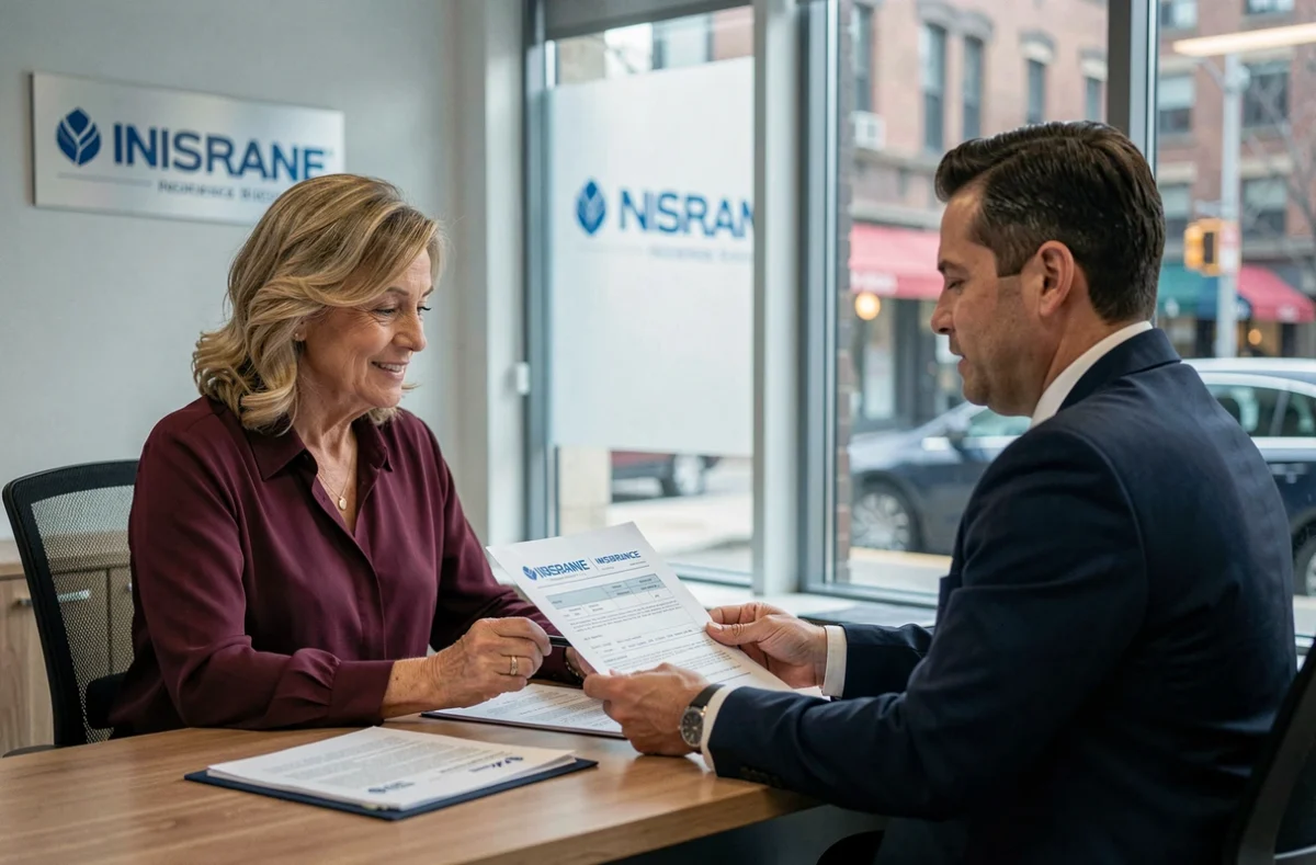 Femme consultant un conseiller en assurance habitation dans une agence pour une simulation multirisque