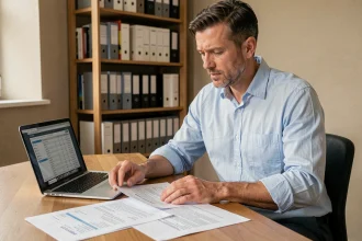 Homme consultant les données DVF immobilier sur un bureau en bois avec des documents de vente immobilière imprimés et un ordinateur portable