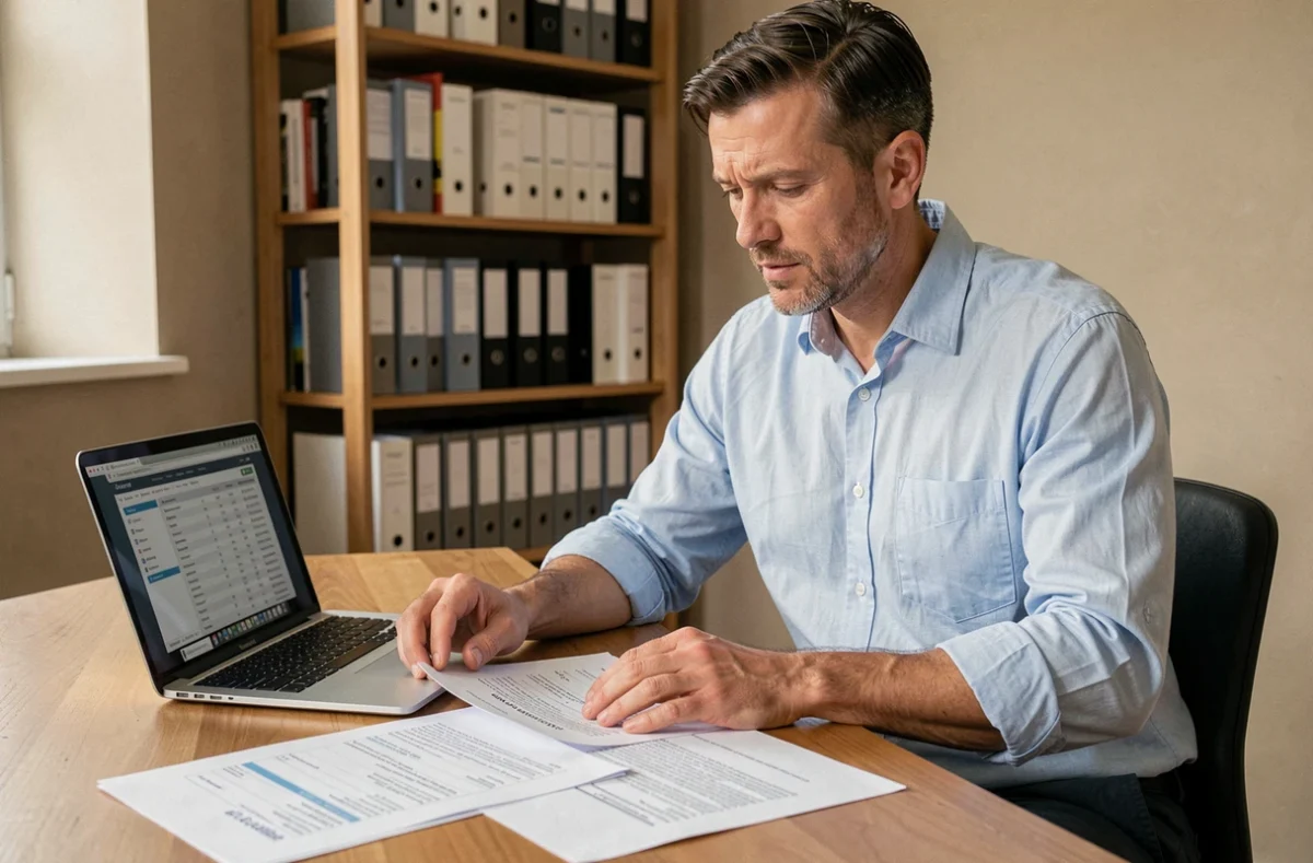 Homme consultant les données DVF immobilier sur un bureau en bois avec des documents de vente immobilière imprimés et un ordinateur portable