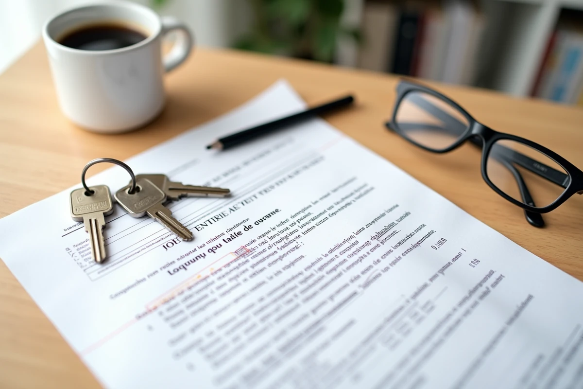 Gros plan sur un contrat de bail avec les clauses de dépôt de garantie et des clés d'appartement posées dessus