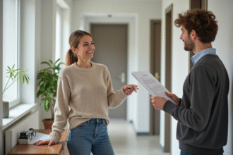 Femme et jeune homme discutent dans un appartement