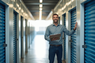 Couloir lumineux d'un centre de stockage organisé avec un homme inspectant