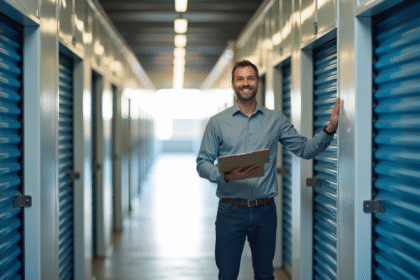 Couloir lumineux d'un centre de stockage organisé avec un homme inspectant