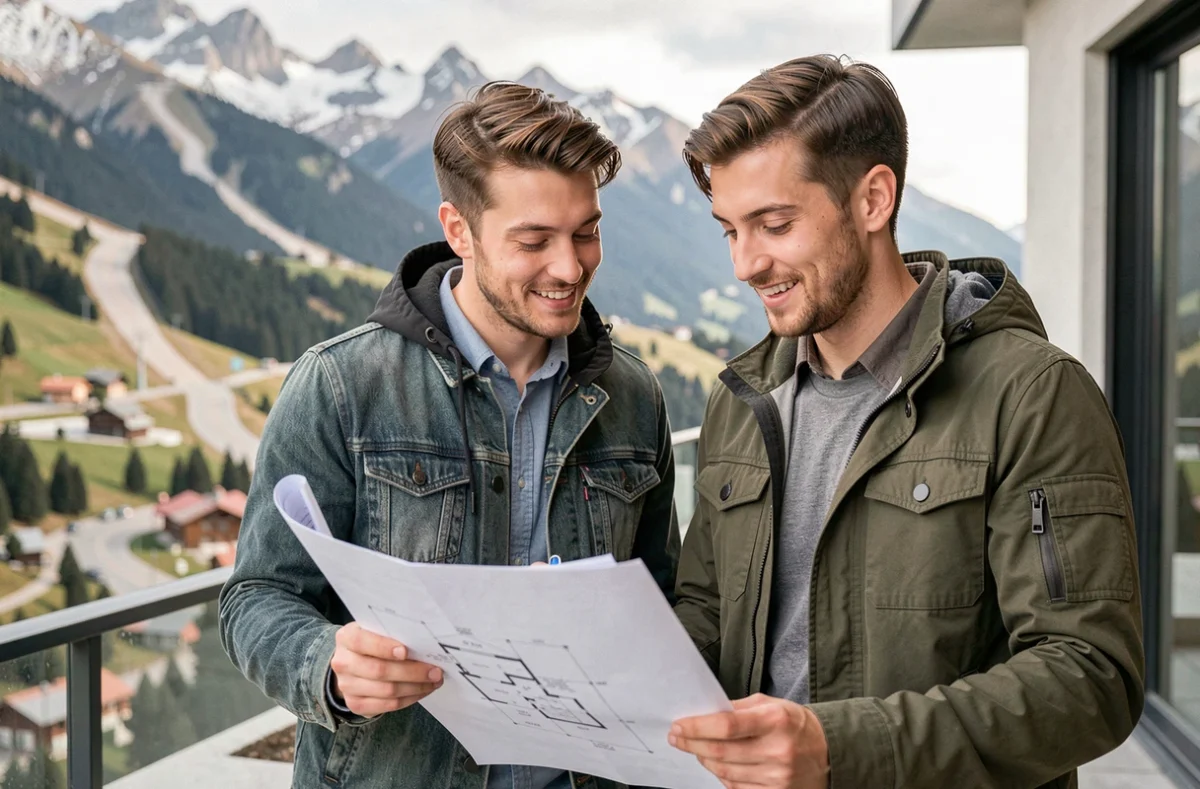 Couple étudiant des plans d'appartement sur une terrasse avec vue panoramique sur les montagnes d'Andorre