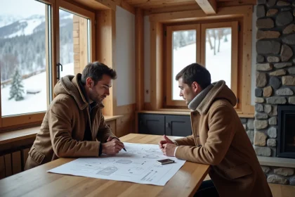 Couple examinant des documents immobiliers dans un appartement de montagne moderne aux Menuires avec vue sur les pistes enneigées