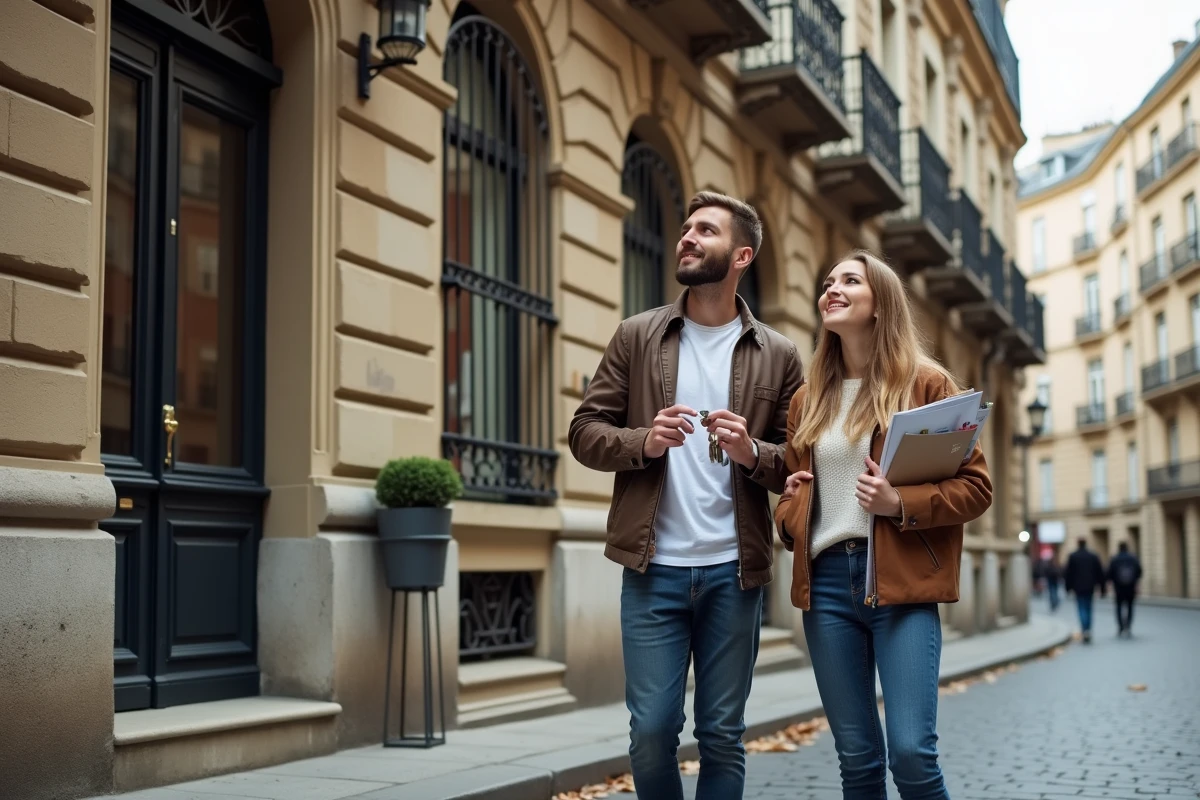 Couple de jeunes acheteurs devant un immeuble lyonnais avec clés en main après acquisition immobilière