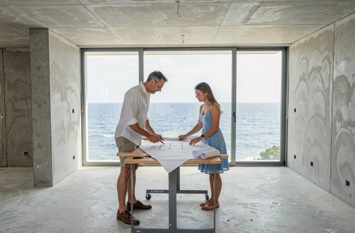 Couple examinant des plans architecturaux dans une maison vue sur mer en construction, investissement immobilier côtier 2026