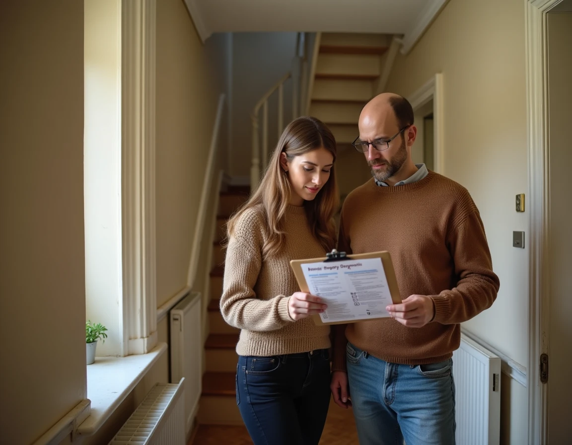 Couple d'acheteurs immobiliers consultant la liste des diagnostics obligatoires dans une maison à vendre