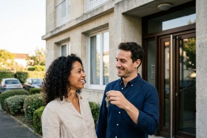 Couple souriant devant l'entrée d'un immeuble neuf à Bordeaux tenant les clés de leur appartement