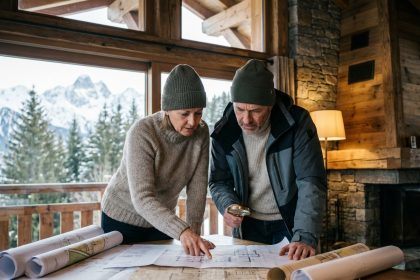 Couple examinant plans dans un chalet alpin à Méribel