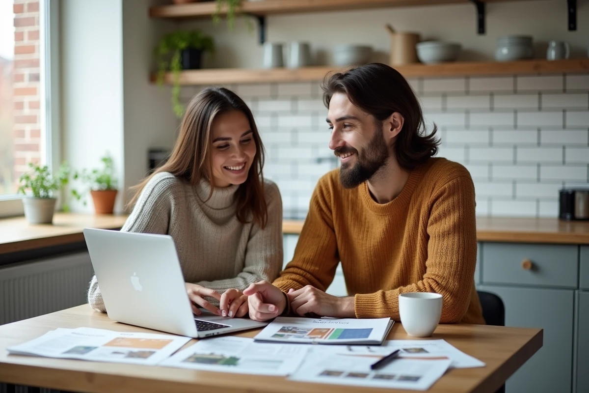 Couple étudiant le calcul de l'encadrement du loyer sur un ordinateur portable dans une cuisine moderne