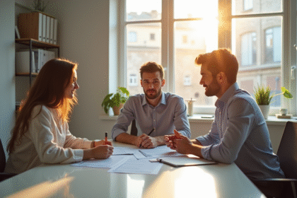 Jeune couple avec conseiller immobilier dans un bureau moderne