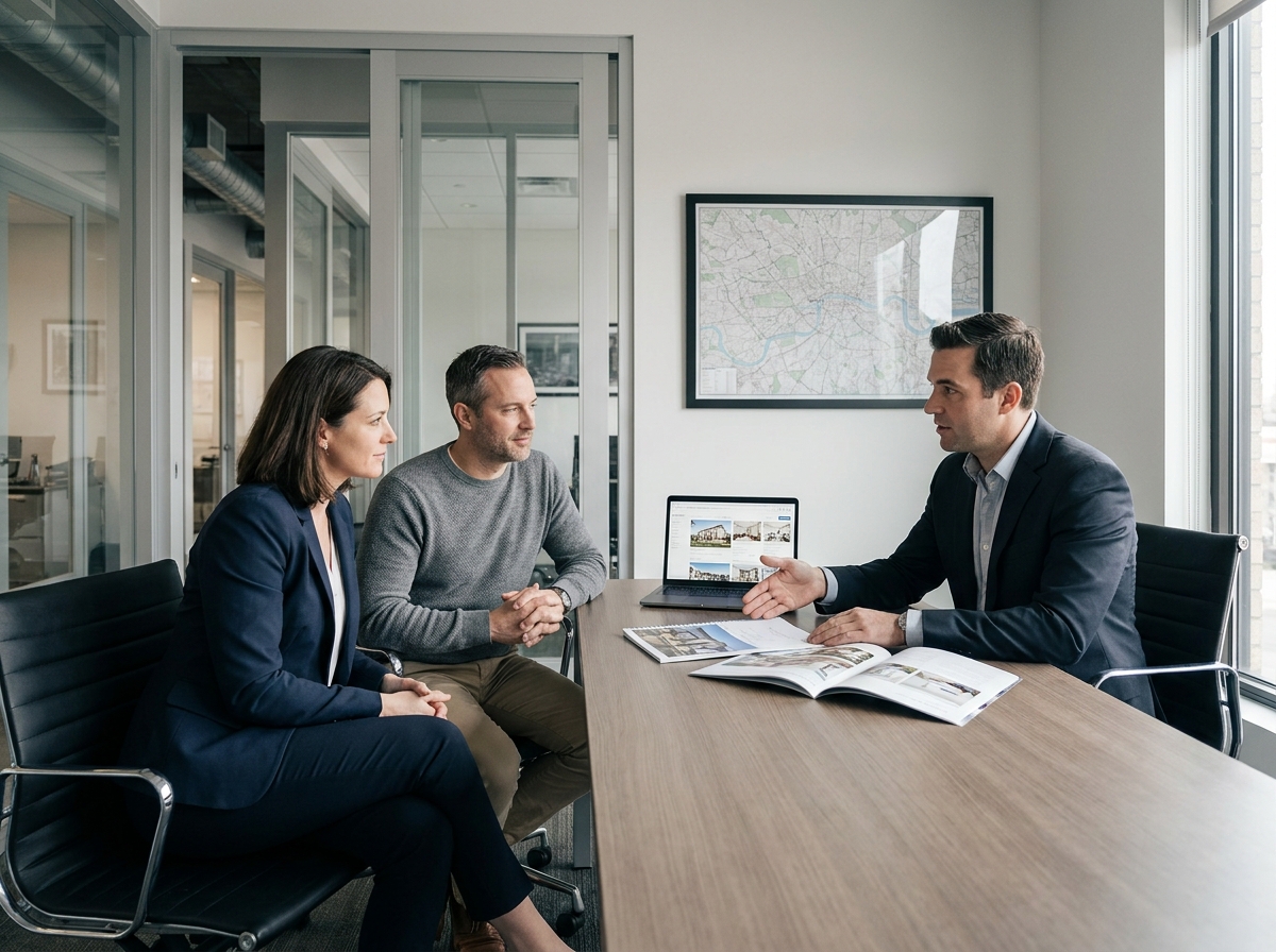 Couple consultant un conseiller immobilier pour poser les bases d'un investissement locatif