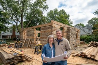 Couple souriant devant une maison en construction