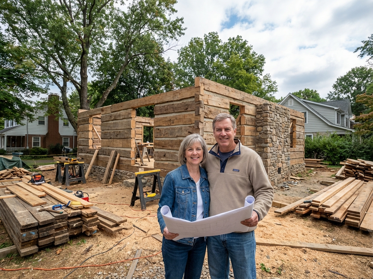 Couple souriant devant une maison en construction
