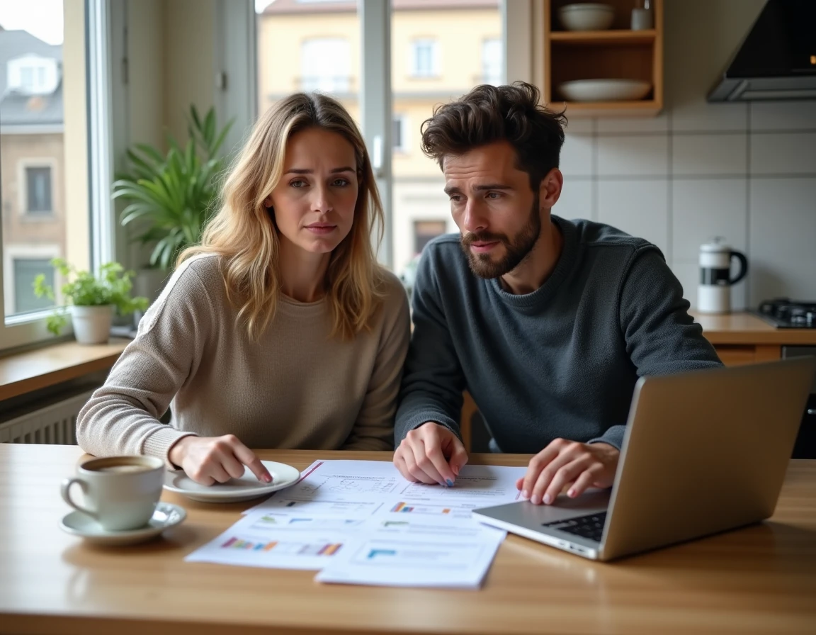 Couple consultant les documents d'un état daté pour la vente de leur appartement