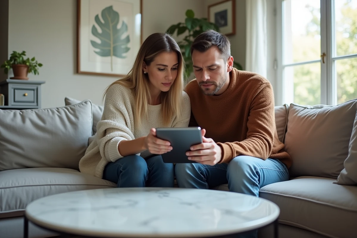 Couple consultant ensemble le statut d'une demande de travaux sur tablette via le portail MyNexity dans leur salon