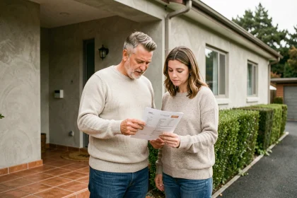 Couple examinant un contrat de location devant une maison plain-pied